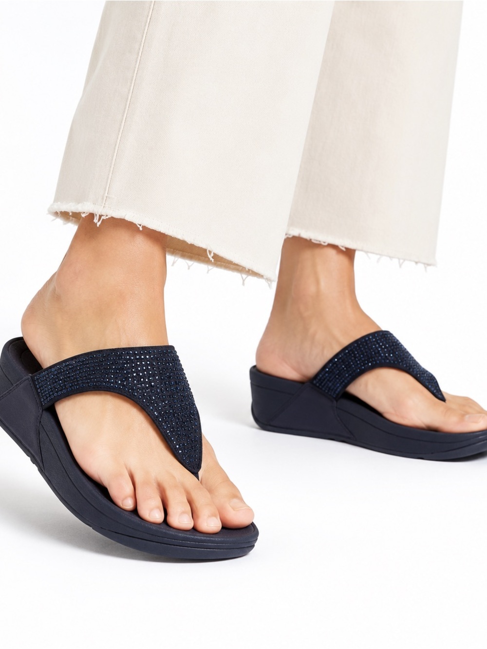 FitFlop 6 Navy Blue Lulu Rhinestone Cushion Wedge Sandals